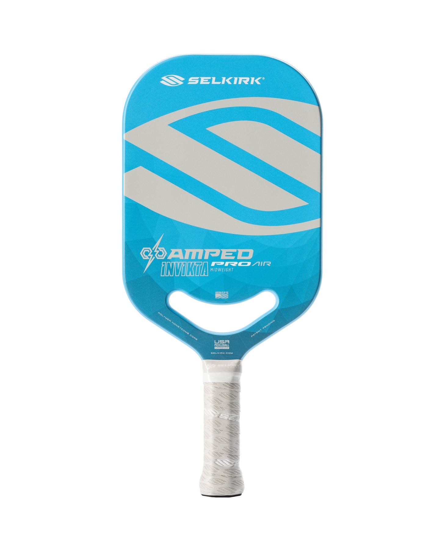 A Selkirk AMPED Pro Air Invikta Pickleball Paddle with a blue and white design, featuring a wrapped handle.