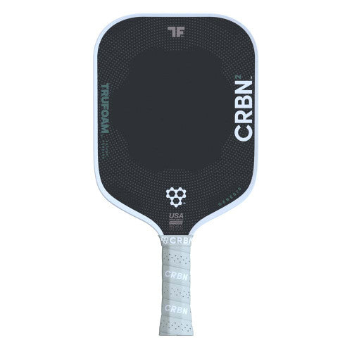 The CRBN 2 TruFoam Genesis TF² Widebody 14mm Pickleball Paddle features a black face, white edge, "CRBN" branding, and a handle wrapped in light gray grip tape.