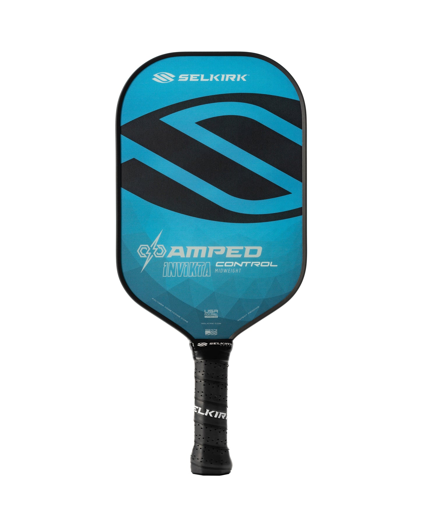 The Selkirk AMPED Control Invikta 16mm Pickleball Paddle features a blue and black design with "Invikta" and "Control Midweight" labeled on its face.
