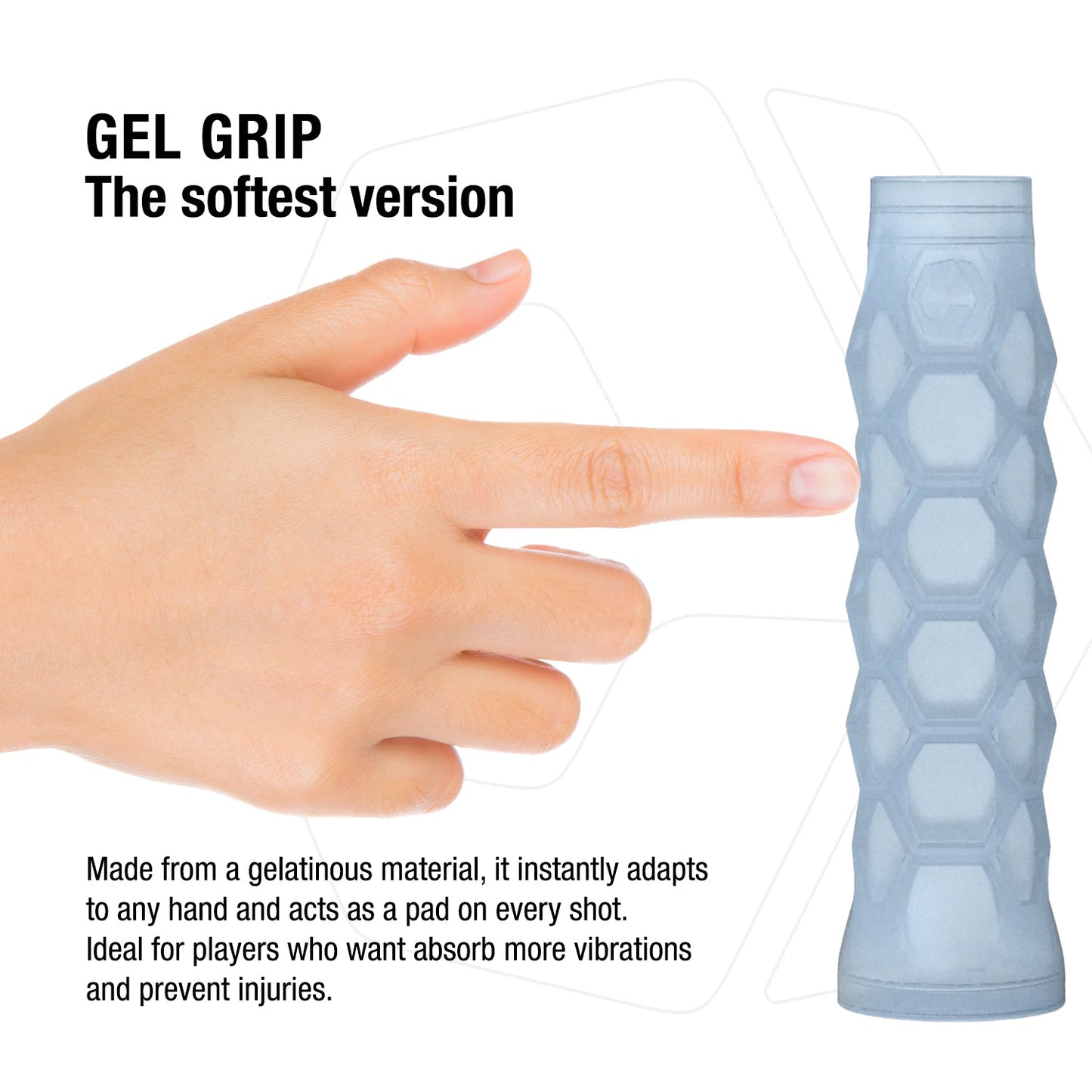 A hand touches the light blue grip with a hexagonal pattern. Text: "Hesacore Gel Pickleball Grip, the softest version. Perfect for players seeking to absorb more vibrations and avoid injuries.