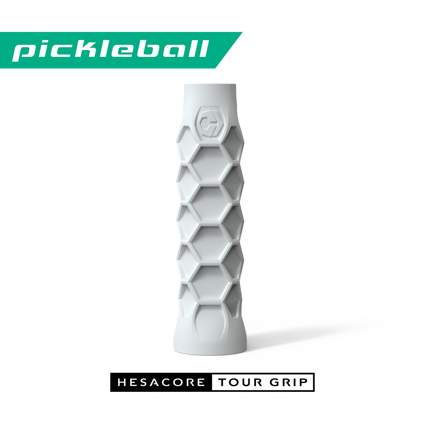White pickleball grip by Hesacore, featuring a hexagonal pattern with logos for "pickleball" and "Hesacore Original (White) Pickleball Grip" above and below.