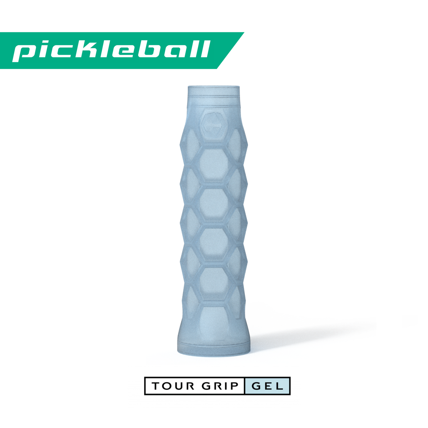 Hesacore's light blue pickleball grip features a hexagonal pattern with the "Tour Grip Gel" text.