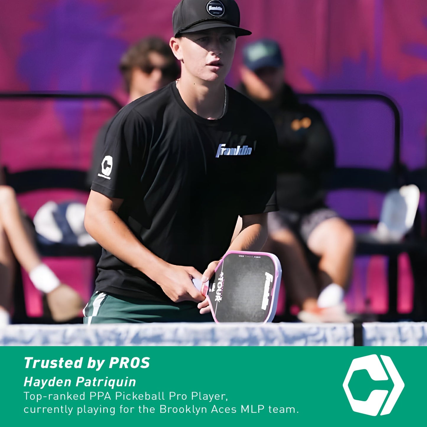 A person in a black shirt holds a pickleball paddle, showcasing the Hesacore XS (Pink) Pickleball Grip. Below is a green and white graphic with "Hesacore: Trusted by PROS Hayden Patriquin" and team details.
