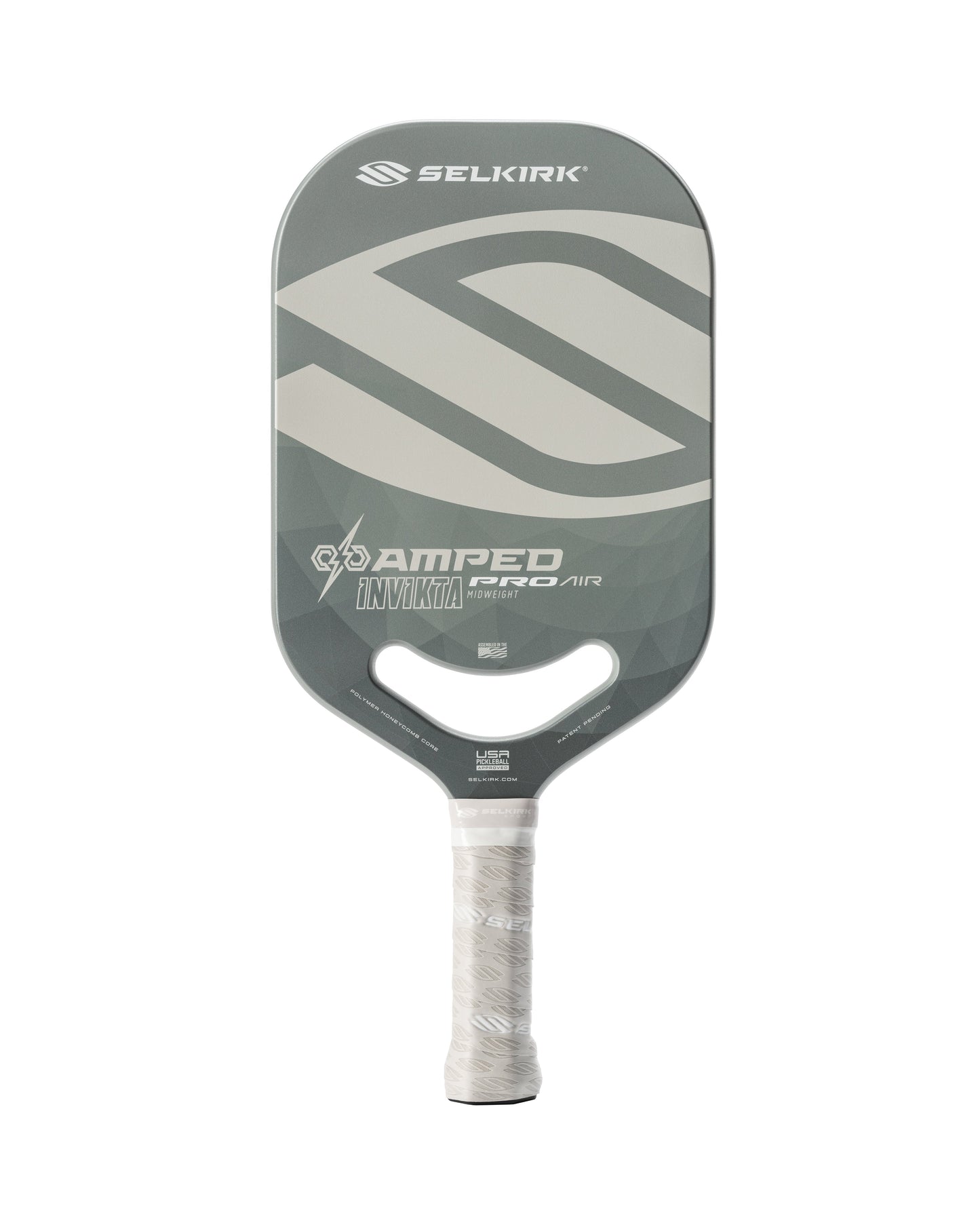A Selkirk AMPED Pro Air Invikta Pickleball Paddle with a grey surface featuring the "AMPED INVIKTA" design and white handle wrap.
