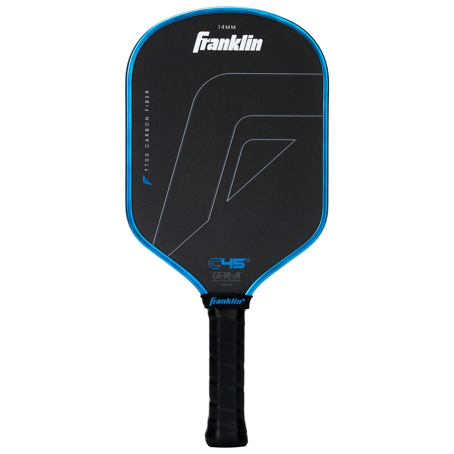 The Franklin C45° (Carbon C45°) 14mm Pickleball Paddle features a black and blue design with a pattern on the face and "Franklin" branding.