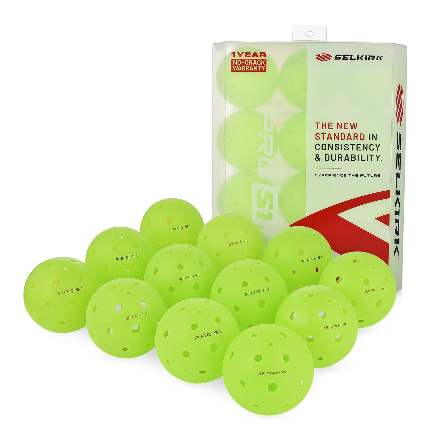 Thirteen Selkirk Pro S1 Pickleball Balls, with a 1-year no-crack warranty, are arranged in front of a container showing the "Selkirk" branding.