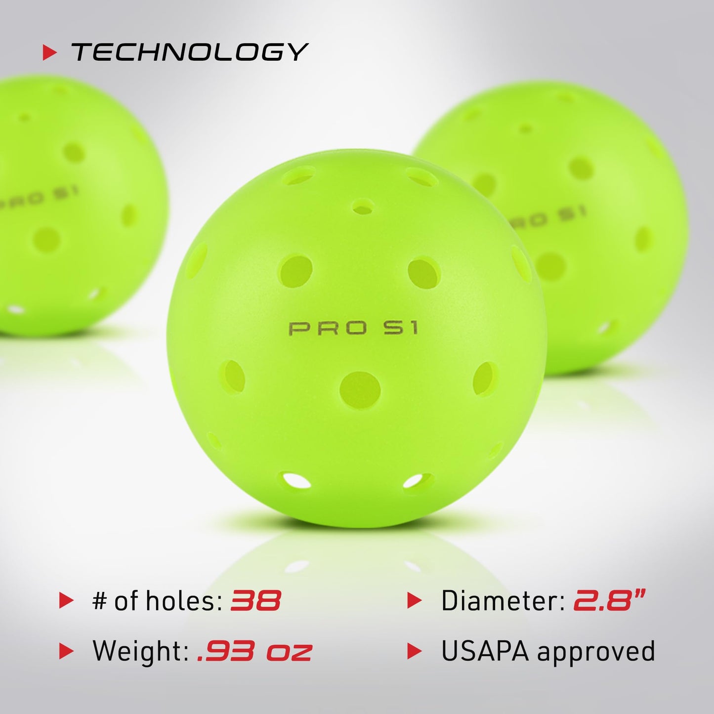 Selkirk's bright yellow Pro S1 pickleball features 38 holes, a 2.8-inch diameter, a weight of 0.93 oz, has USAPA approval, and comes with a 1-year no-crack warranty.