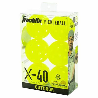 The Franklin X-40 Outdoor Pickleball Balls box shows a person with a paddle and ball, in transparent packaging that reveals USAPA-approved yellow balls featuring machine-drilled holes.