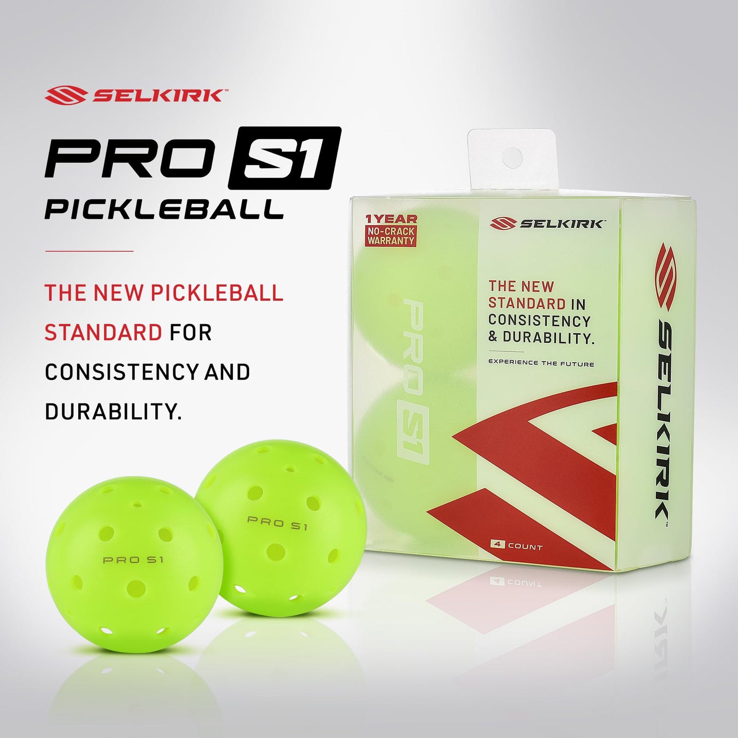 Selkirk Pro S1 Pickleball Balls packaging with two yellow pickleballs, showcasing "The New Standard in Consistency and Durability." Includes a 1-Year No-Crack Warranty.