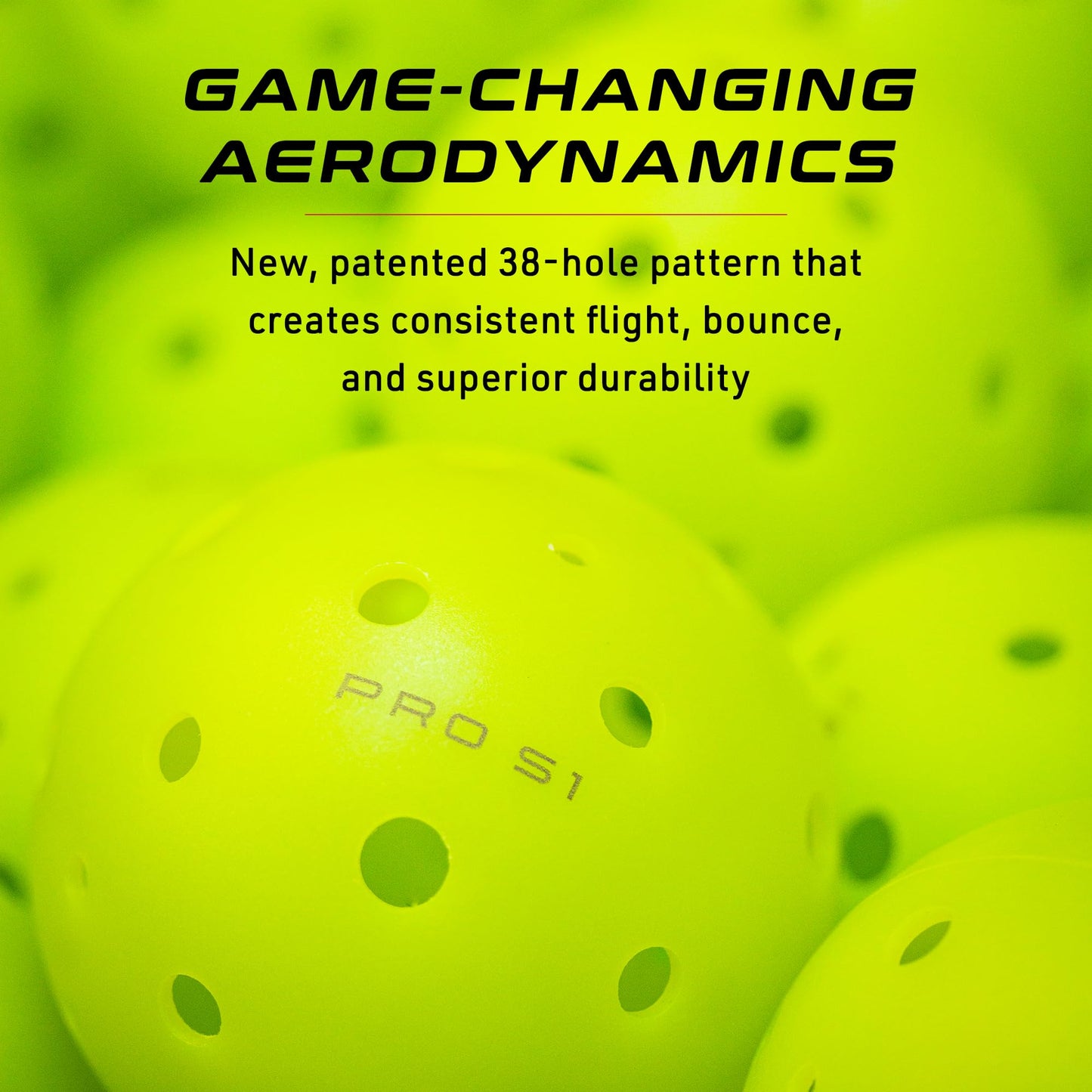 Close-up of yellow Selkirk Pro S1 Pickleball Balls featuring a 38-hole design. Text highlights their revolutionary aerodynamics, consistent flight, reliable bounce, and durability. "PRO S1" is printed on one ball with a 1-year no-crack warranty from Selkirk.