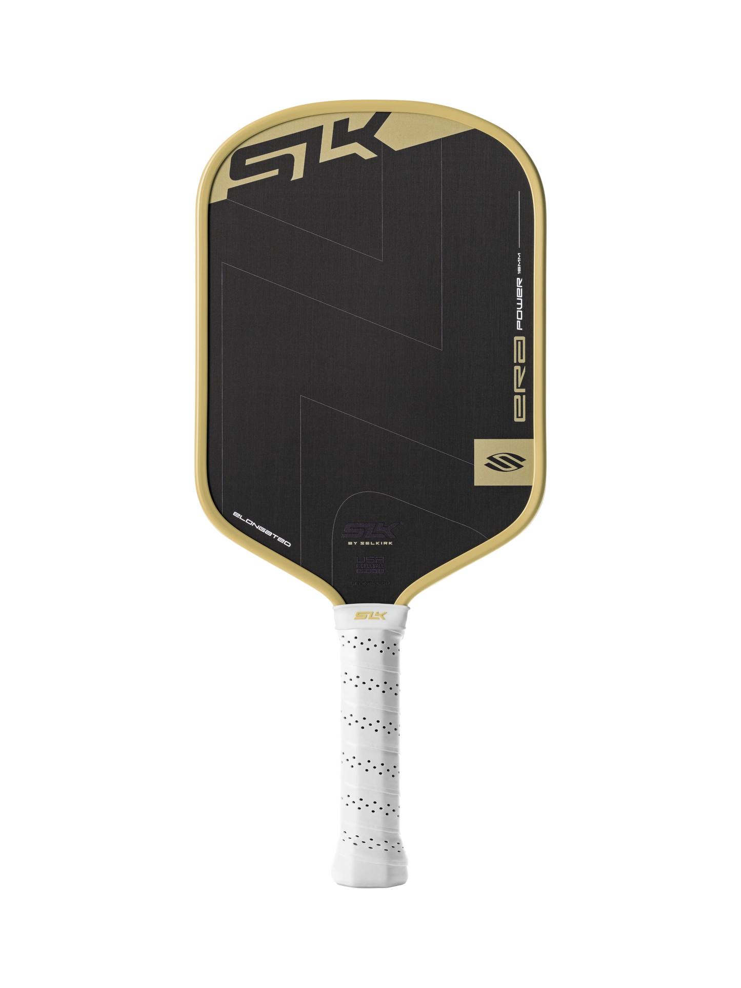The Selkirk SLK ERA Power Elongated Carbon Fiber Pickleball Paddle features a black design with gold trim, a white grip, and the Selkirk name on the face—crafted from carbon fiber for enhanced spin and control.
