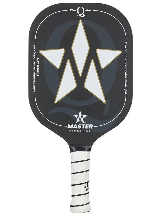 The Master Athletics Q1 Pickleball Paddle, with a black design and star logo, features the "Master Athletics" brand and a white handle with a striped grip. Its sound-dampening tech makes it the Quiet One you've been waiting for.