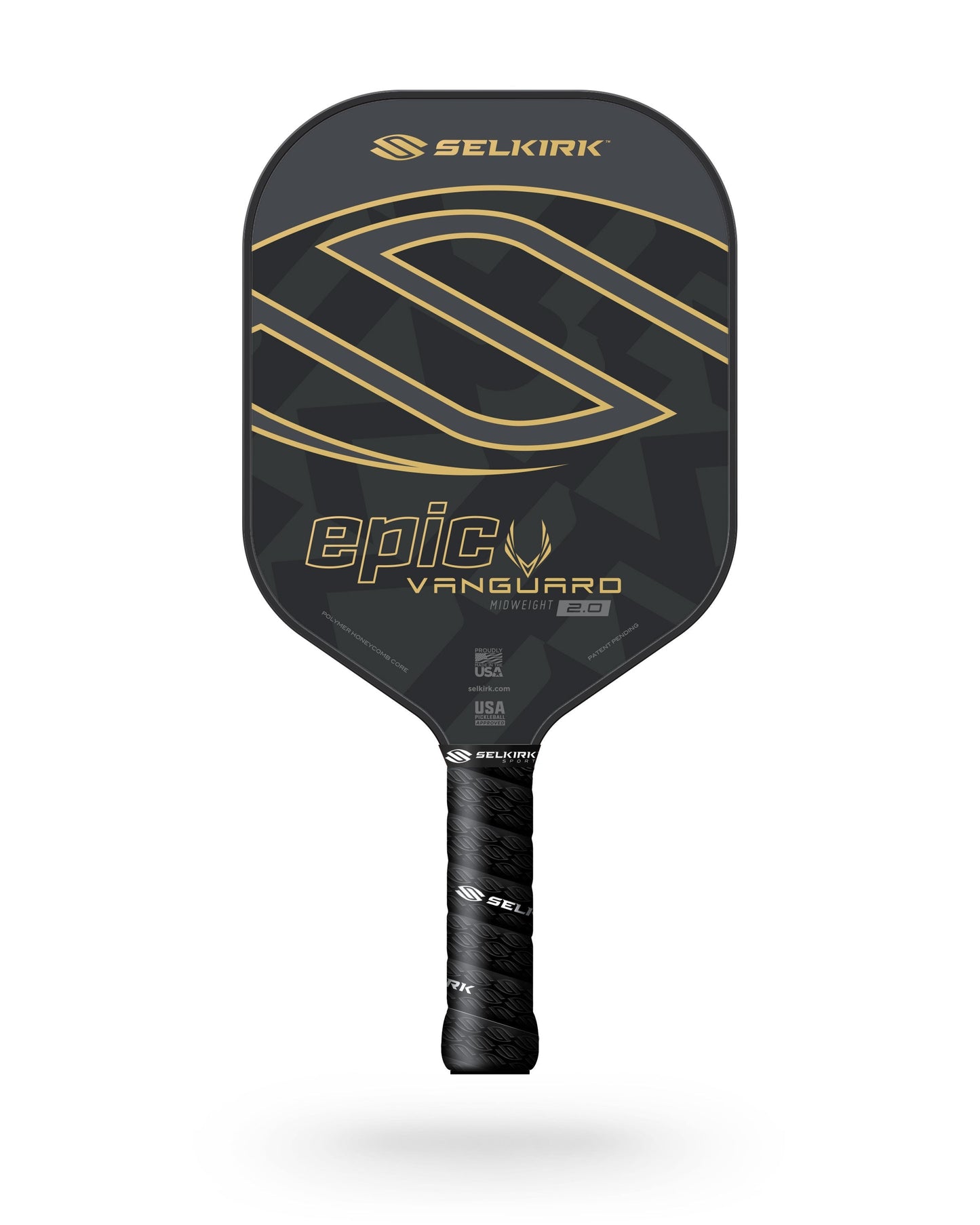 A black and gold Selkirk Vanguard Epic Pickleball Paddle with the text "Epic Vanguard" and "Made in USA" on the QuadCarbon Face. The grip is black with Selkirk branding, featuring EdgeSentry technology for enhanced durability.