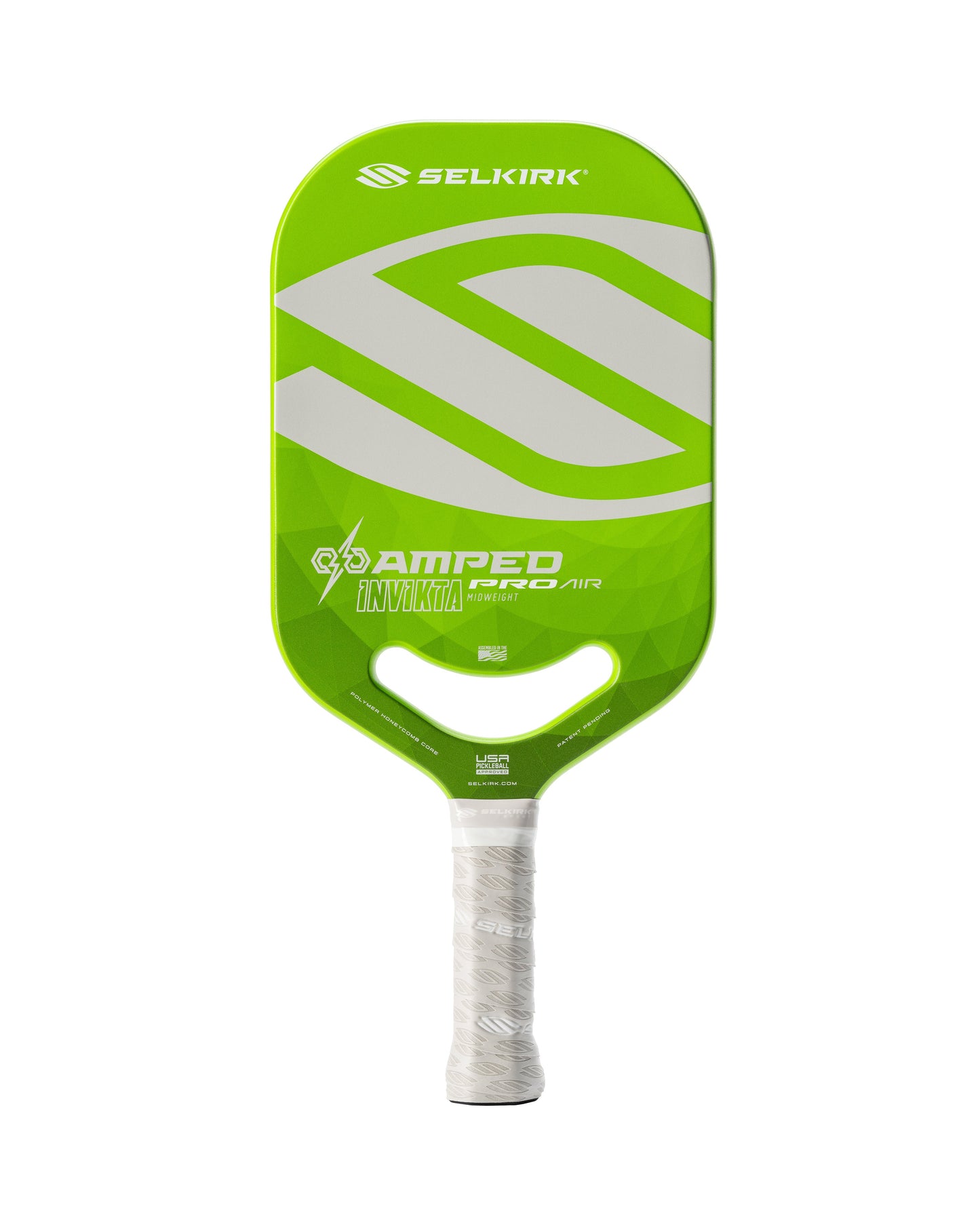 A green Selkirk AMPED Pro Air Invikta Pickleball Paddle with a white handle and a large "S" logo on the face. The words "Amped Invikta" are printed on the paddle.