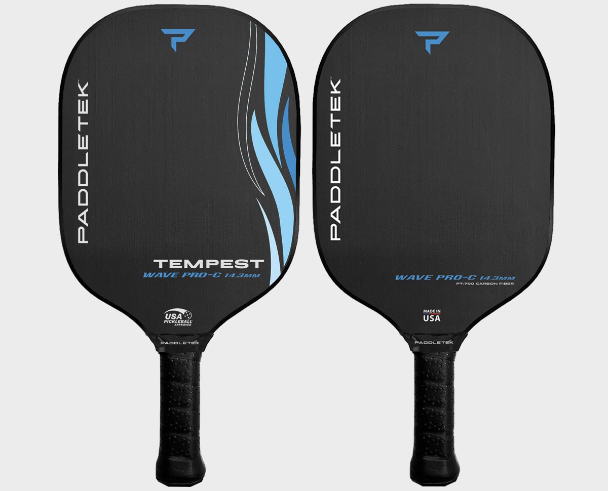 Two Paddletek Tempest Wave Pro-C 14.3mm Carbon Fiber Pickleball Paddles in black, adorned with blue and white design accents, equipped with cushioned handles and the "Paddletek" brand prominently displayed on the sides.