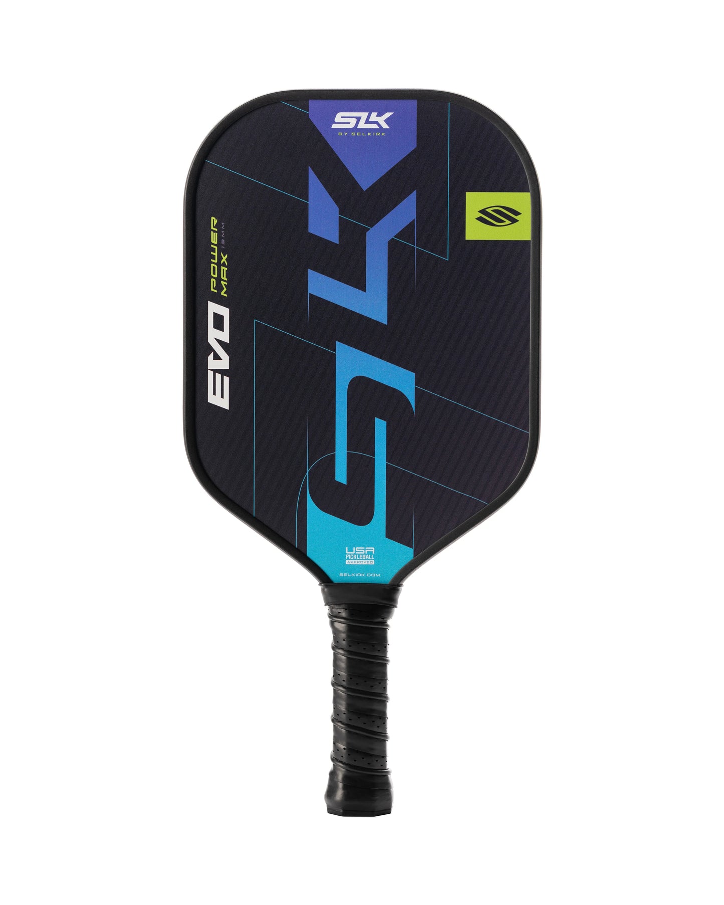 A black and blue pickleball paddle featuring the "Selkirk" brand and "SLK EVO Max Power" on the face, with a handle wrapped in black grip tape.