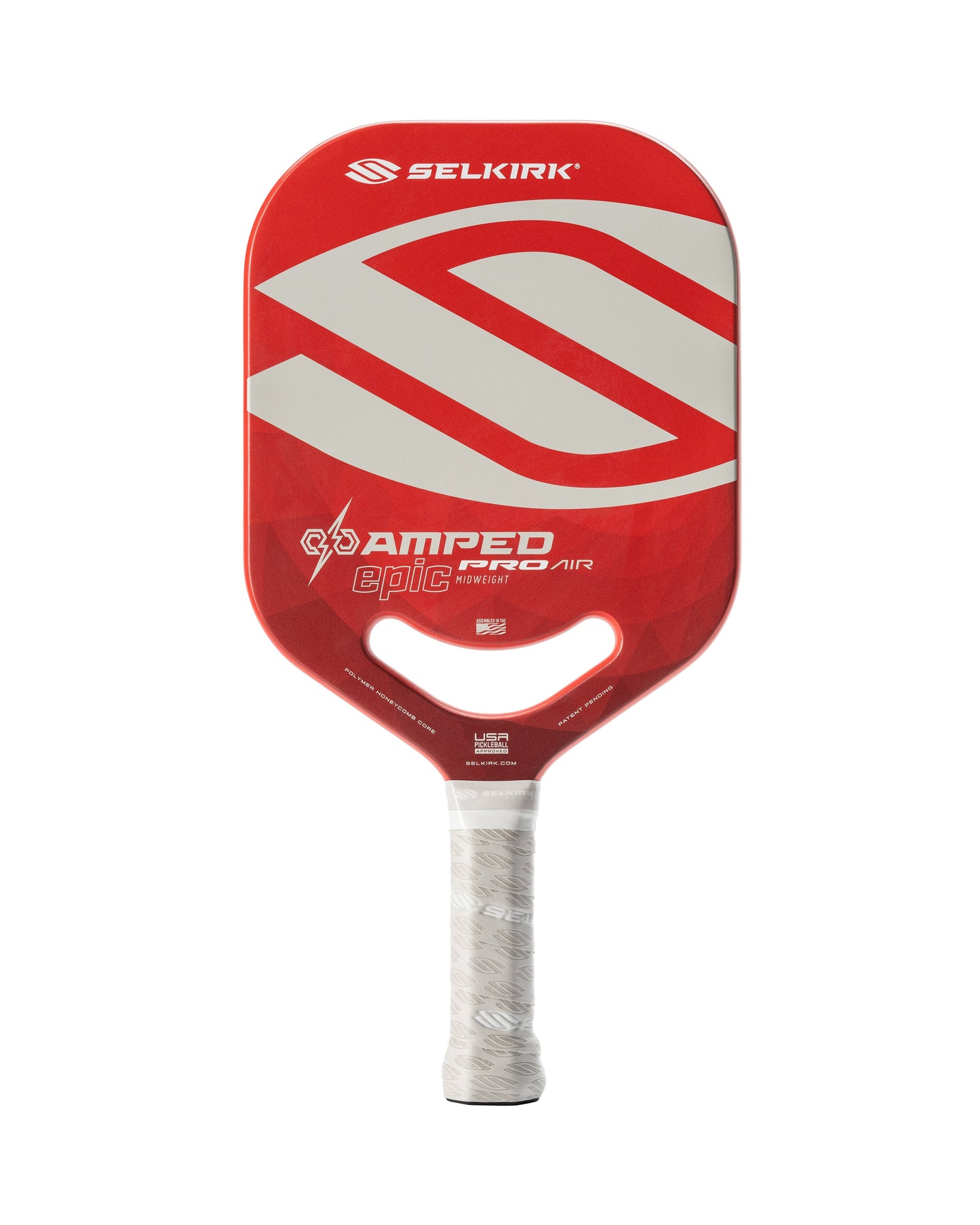 A red Selkirk AMPED Pro Air Epic Pickleball Paddle with white designs, branded "AMPED Epic Pro Air" on the front. The handle is white.