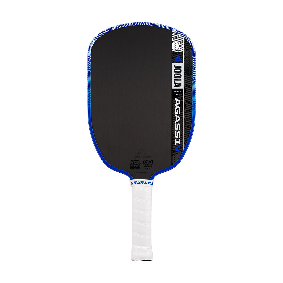 The JOOLA Agassi Pro V 14mm Andre Agassi Royal Blue pickleball paddle features carbon fiber, a white grip-taped handle, and "JOOLA" and "AGASSI" labels for professional performance.