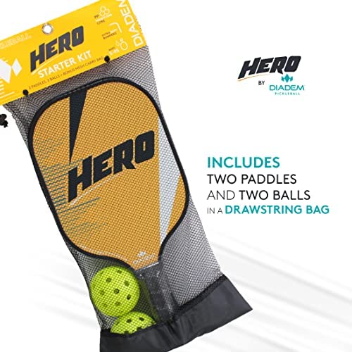 Diadem Hero Starter Kit Pickleball Paddle by Diadem, includes a yellow paddle with "HERO" text, two yellow balls, all contained in a mesh drawstring bag.