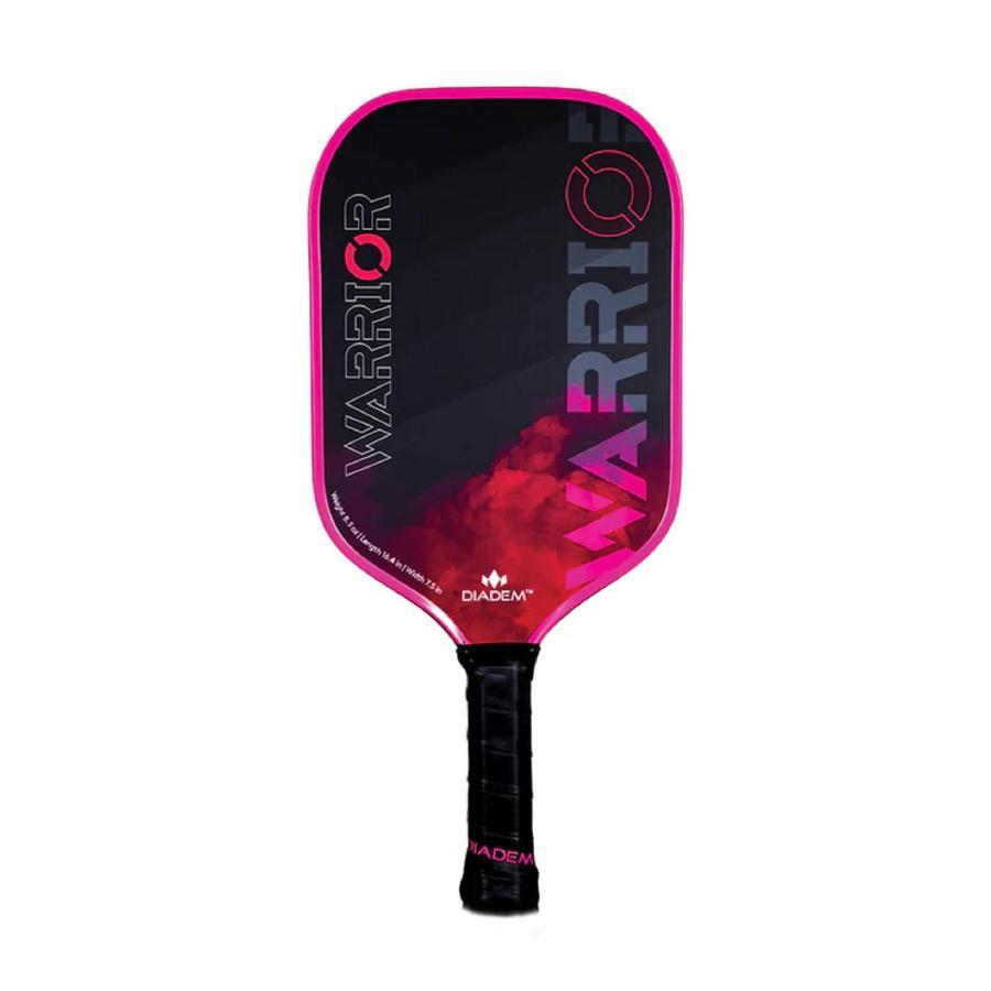 A black and pink Diadem Warrior Pickleball Paddle labeled "WARRIOR" and "DIADEM," featuring a textured grip and a sleek design.
