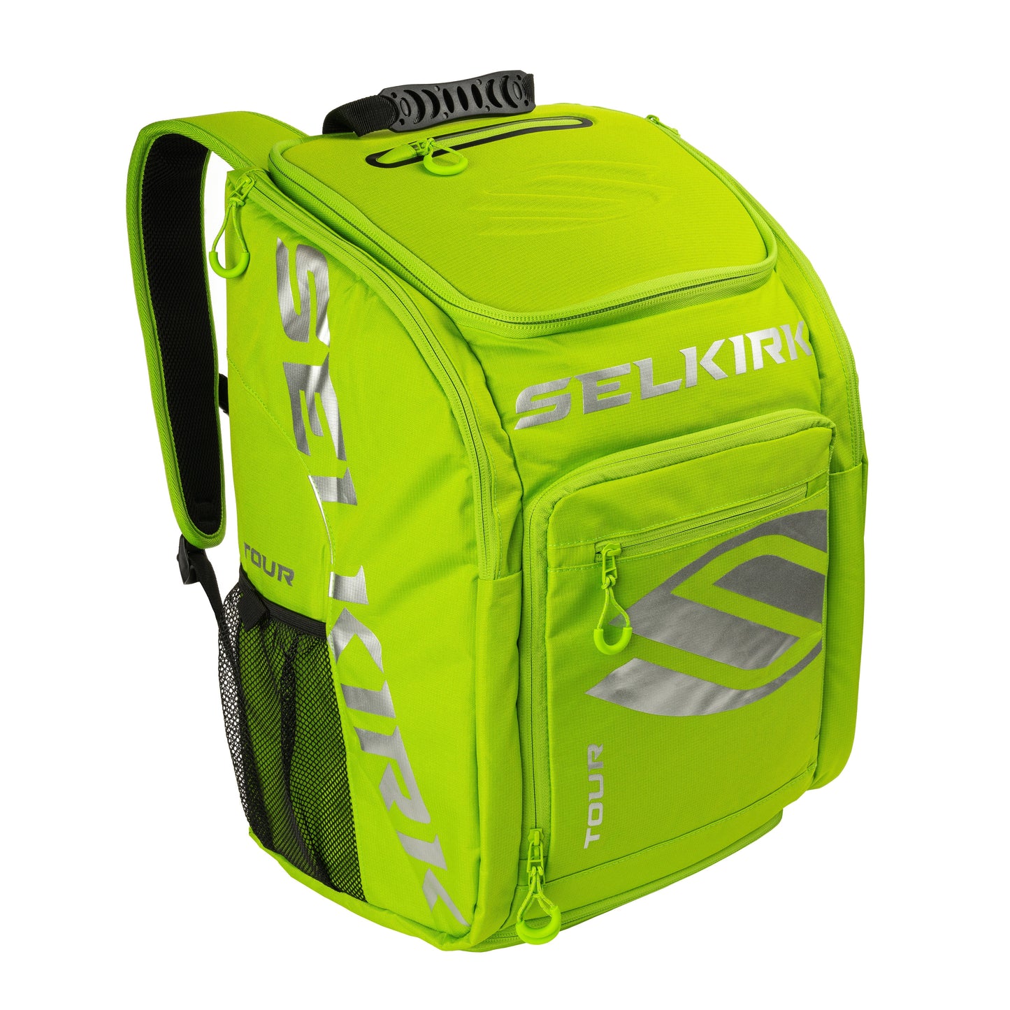 Bright green Selkirk Core Series Tour Backpack Pickleball Bag with multiple compartments, mesh side pockets, and black shoulder straps. The word "Tour" is printed on the front and side.