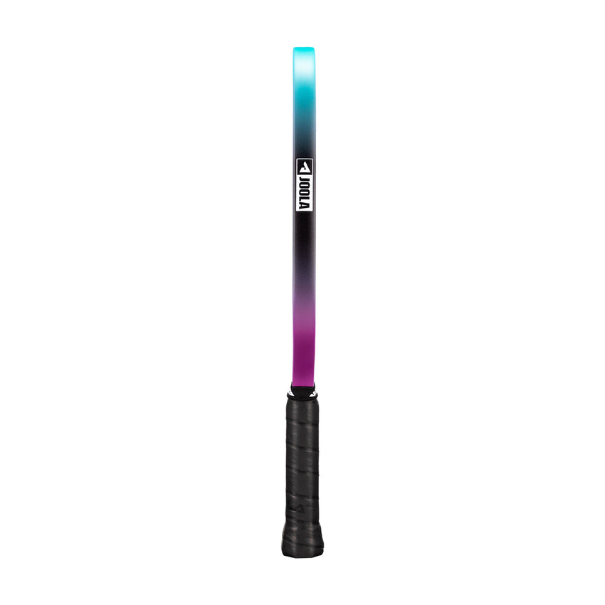 A tennis racket with a turquoise, black, and purple gradient frame stands upright, echoing the modern style of the JOOLA Perseus 3S Dual 14mm Pickleball Paddle by JOOLA.
