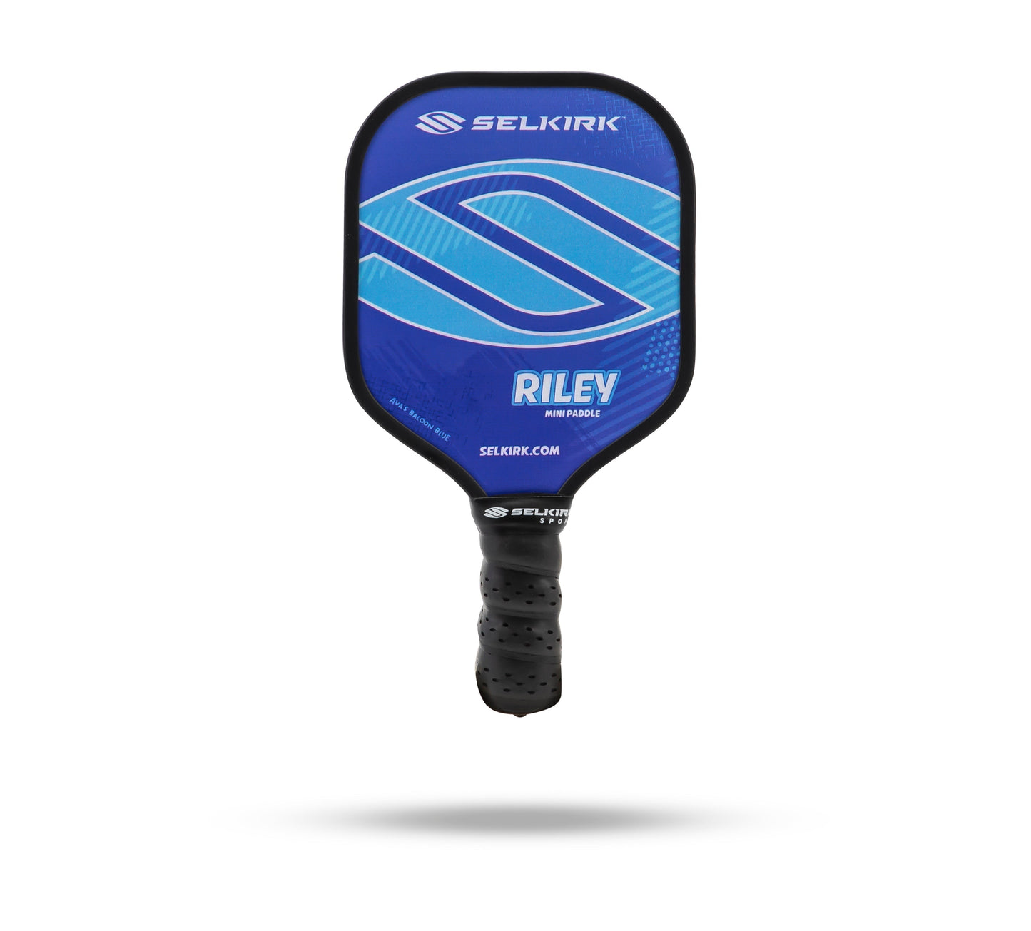A **Selkirk Riley Mini Pickleball Paddle** from the **Riley Paddle Collection by Selkirk**, featuring a black grip handle, inspired by Barnes’ children’s favorite colors. A perfect novelty gift for any pickleball enthusiast.