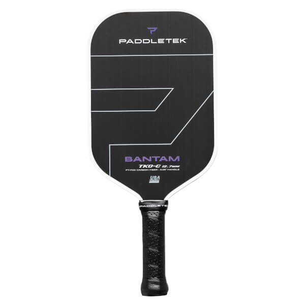 A black Paddletek pickleball paddle labeled "Bantam TKO-C 12.7mm" featuring design elements in white and gray.
