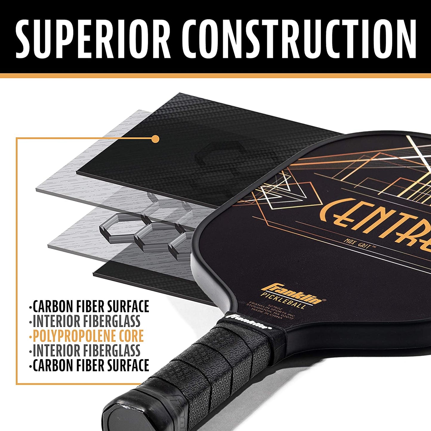 Diagram showing the layered construction of a Pickleballist Franklin Aspen Kern Centre Carbon Fiber Pickleball Paddle, highlighting components like MaxGrit surface material and polypropylene core.