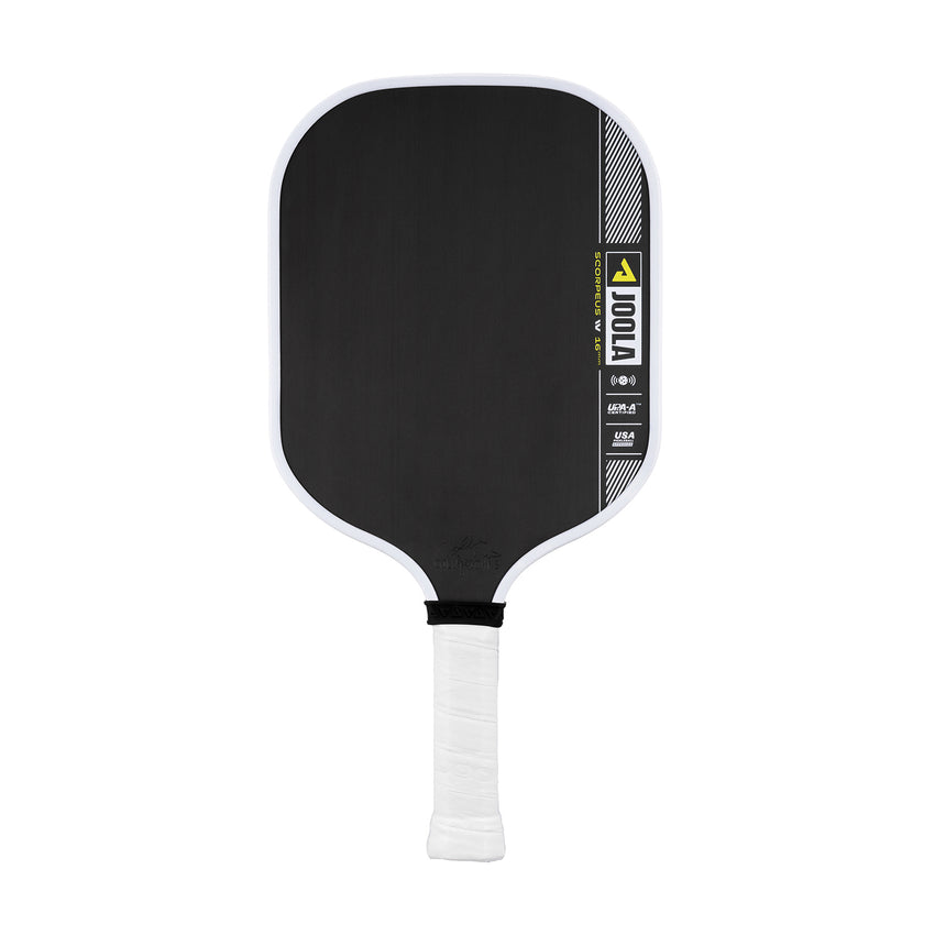 JOOLA Collin Johns Scorpeus Pro 4 IV 16mm Pickleball Paddle features a black and white design with a wrapped handle and logo details on the surface.