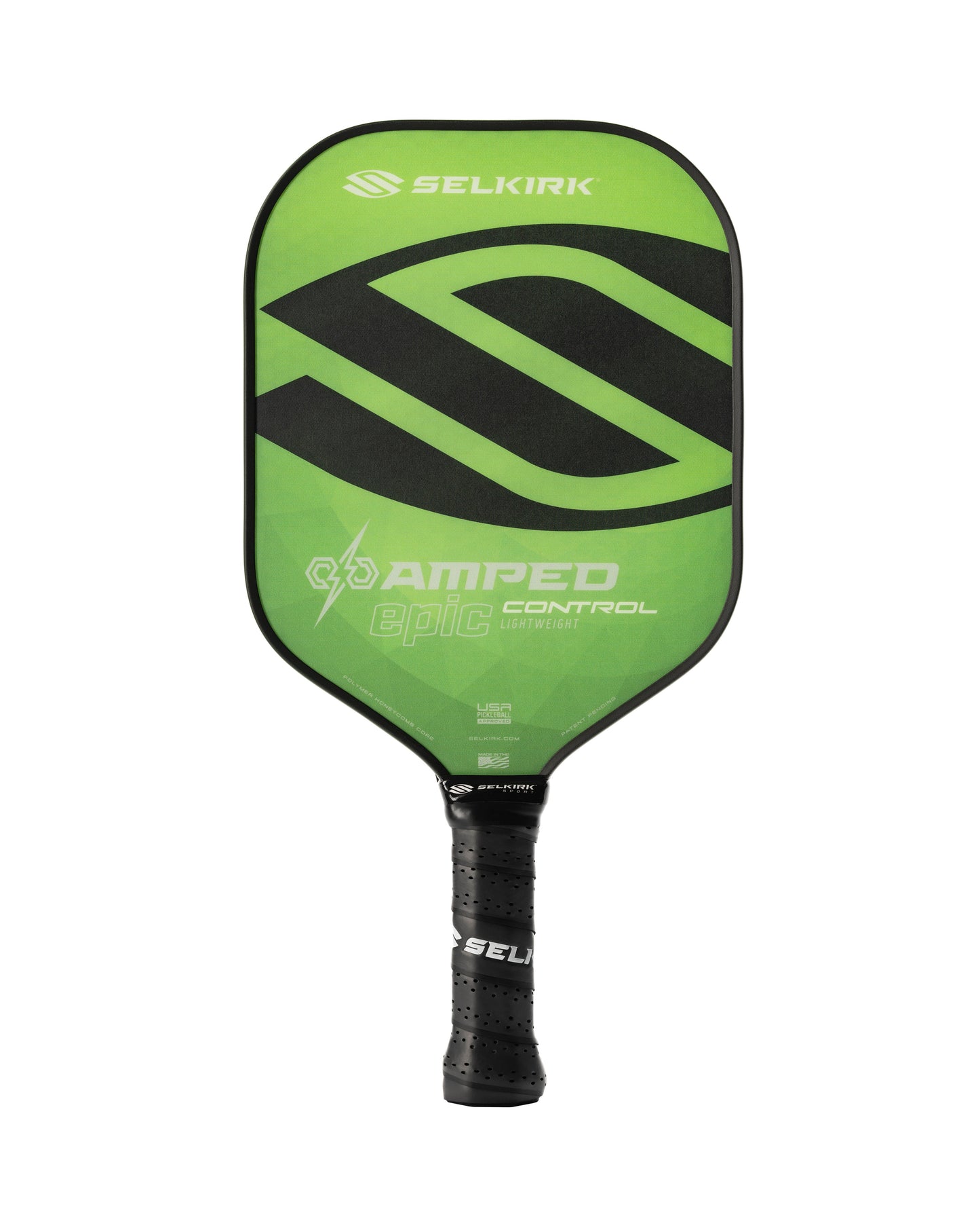 Green and black Selkirk AMPED Control Epic 16mm Pickleball Paddle featuring "Amped Epic Control" text and logo on the face.