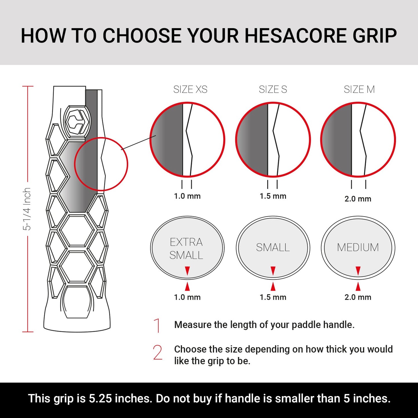 Guide to choosing a Hesacore Gel (Light Blue) Pickleball Grip size: XS for 1.0 mm, S for 1.5 mm, M for 2.0 mm handle thickness; grip length is 5.25 inches; not suitable for handles under 5 inches.