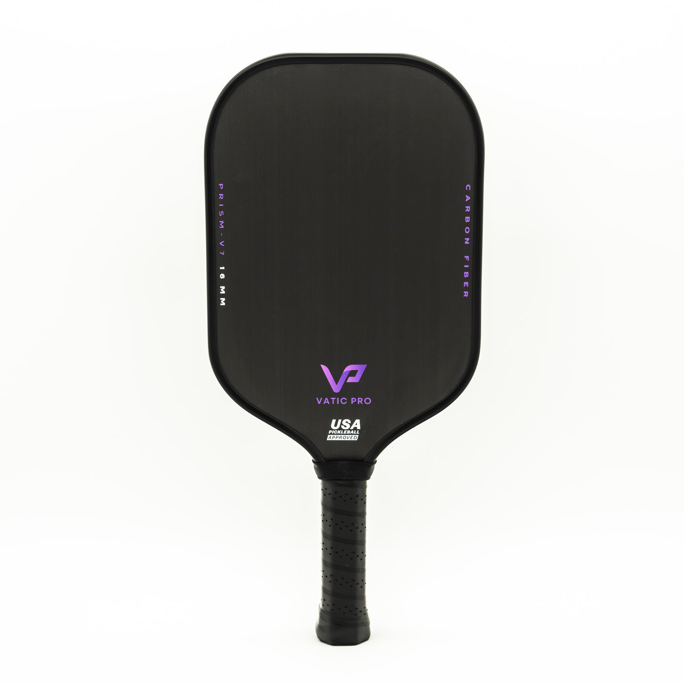 Vatic Prism V7 16mm Pickleball Paddle with a textured surface and purple logo detailing, identified as carbon fiber and USA Pickleball approved.