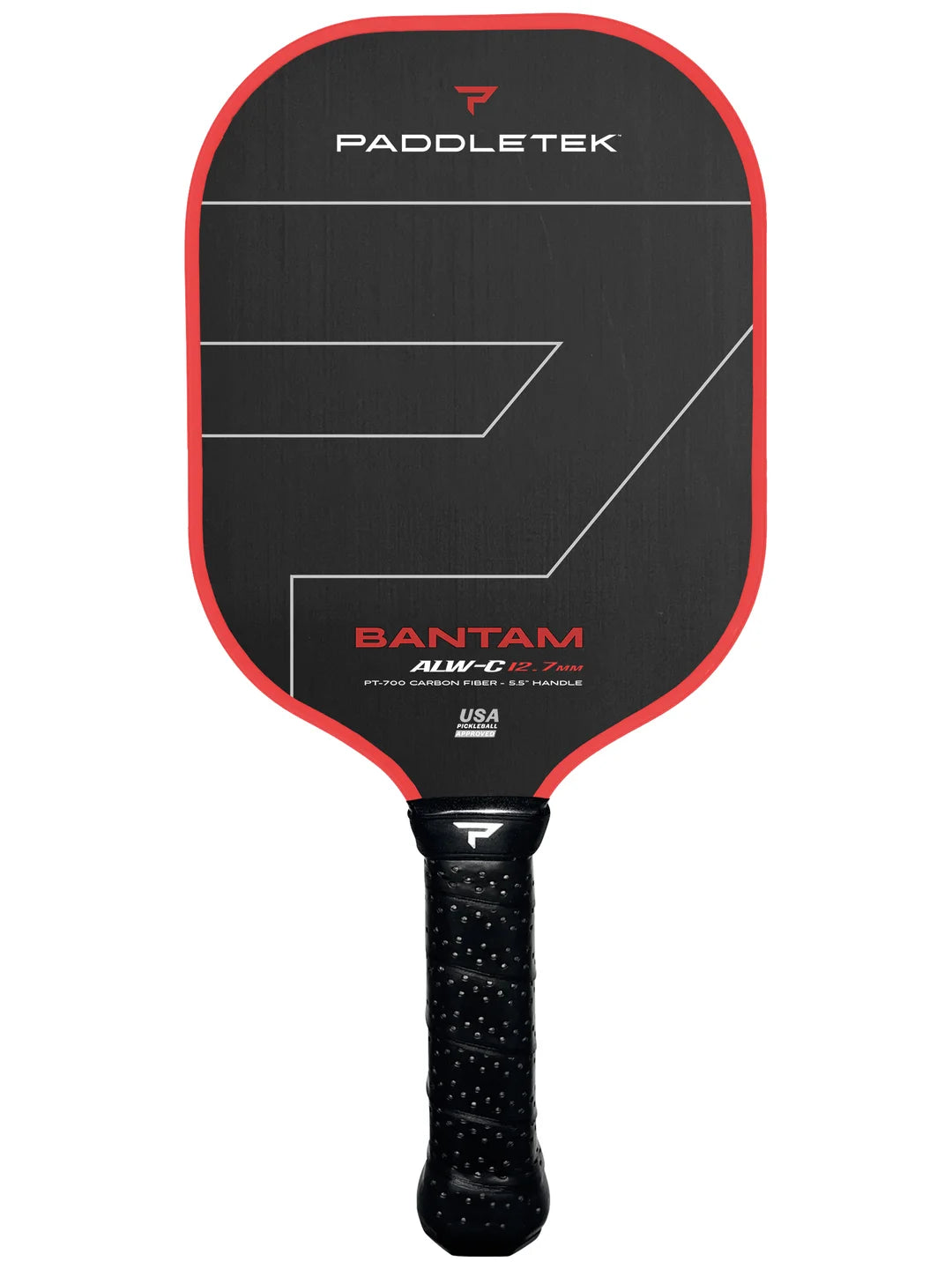 Image of a Paddletek Bantam ALW-C 14.3mm Carbon Fiber Pickleball Paddle with a black face, red trim, and a black handle.