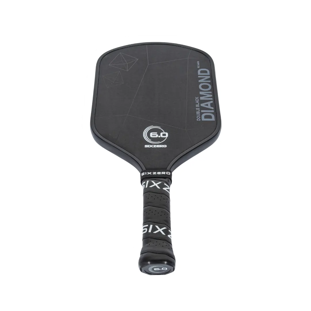 Black rectangular pickleball paddle with "Six Zero Double Black Diamond Control (14mm)" branding on the surface and "Six Zero" printed on the handle, designed for performance play.