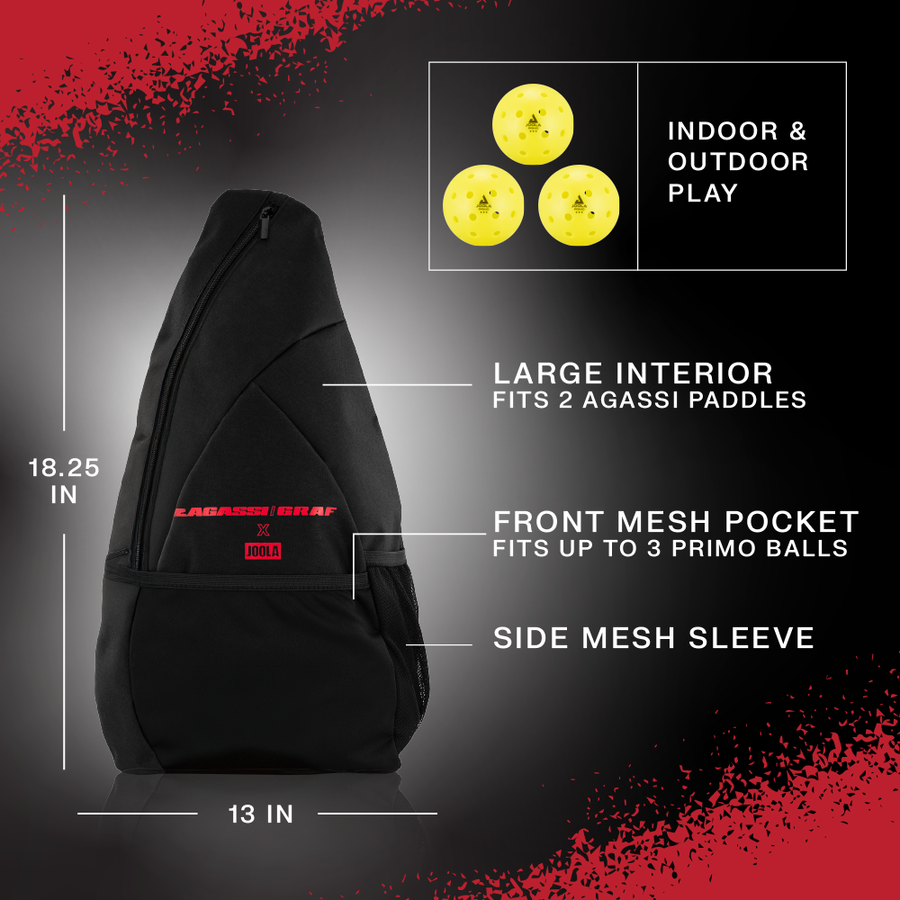 The JOOLA Andre Agassi/Steffi Graf Champion Pickleball Paddle Set includes a black bag with features like a large interior for two paddles, a front mesh pocket for three balls, and a side mesh sleeve. It comes with three yellow pickleballs, ideal for indoor and outdoor play.