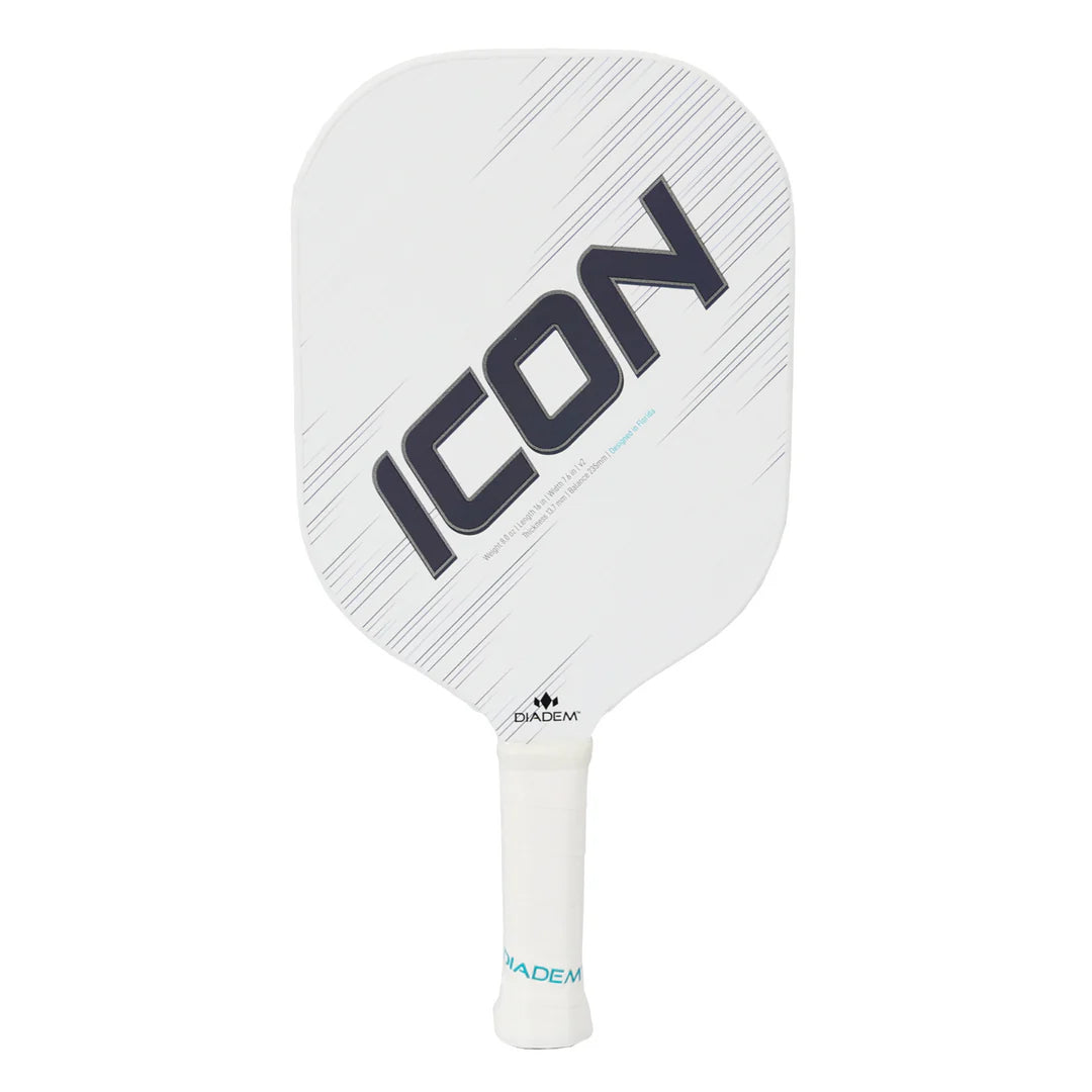 The Diadem Icon V2 Standard Pickleball Paddle features a white face with "ICON" in bold black letters and "DIADEM" branding on the handle.