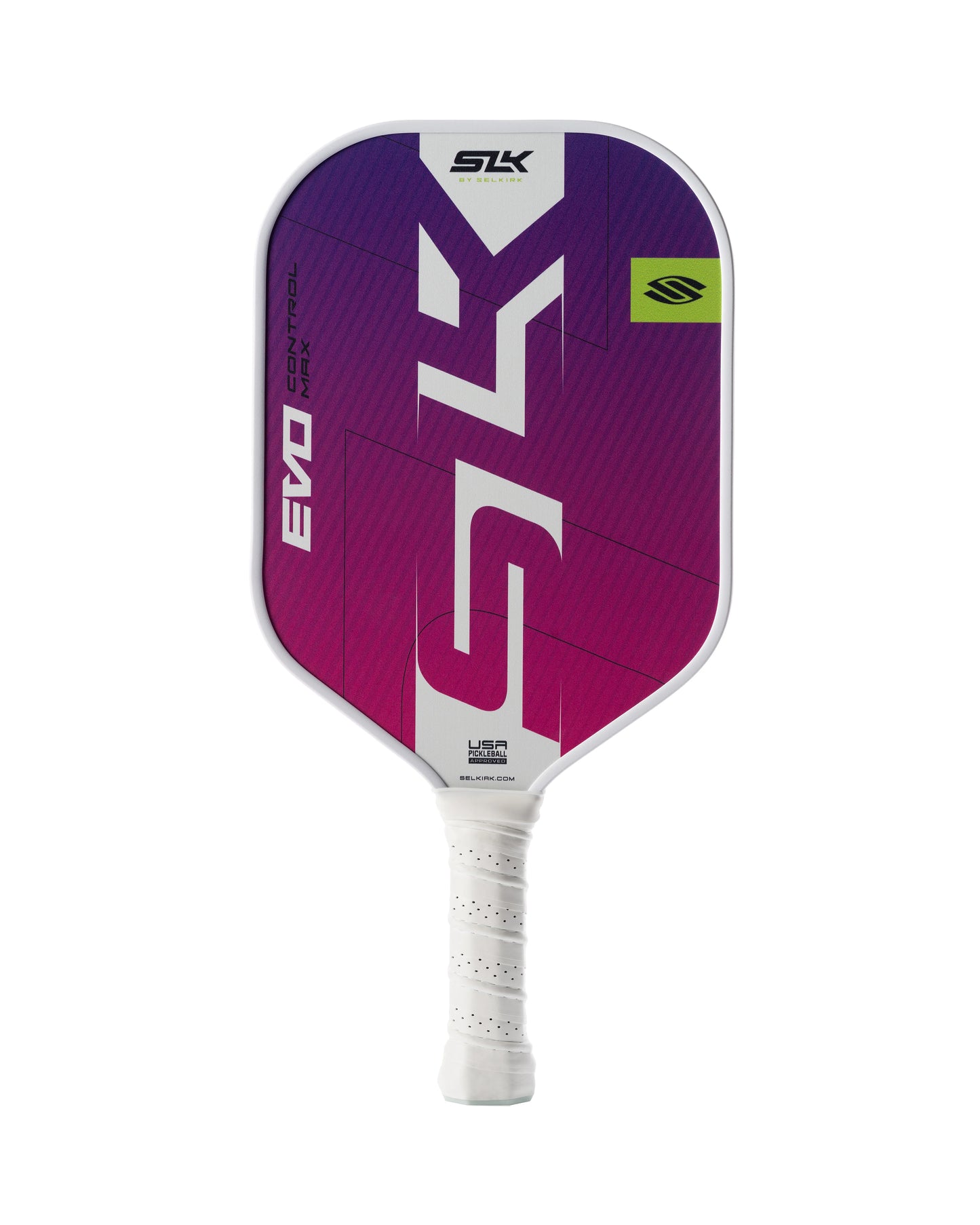 The Selkirk SLK EVO Max Control Pickleball Paddle, designed for paddle sports, features a white grip and a purple face adorned with "EVO" and "SLK" logos.