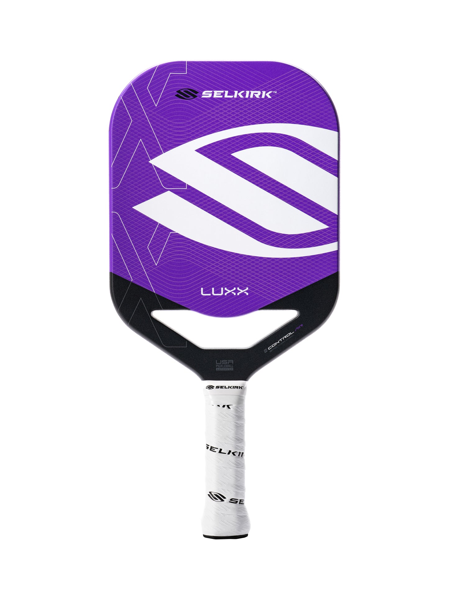 The Selkirk LUXX Control Air Epic with InfiniGrit Pickleball Paddle features a striking purple, black, and white design, a white grip, and is shown on a plain white background.