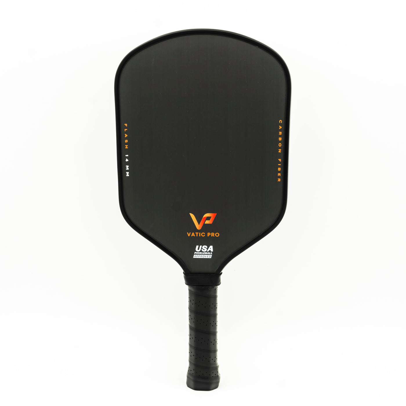 Replacement: Black Pickleballist Vatic Flash 14mm paddle with orange logo, isolated on a white background.