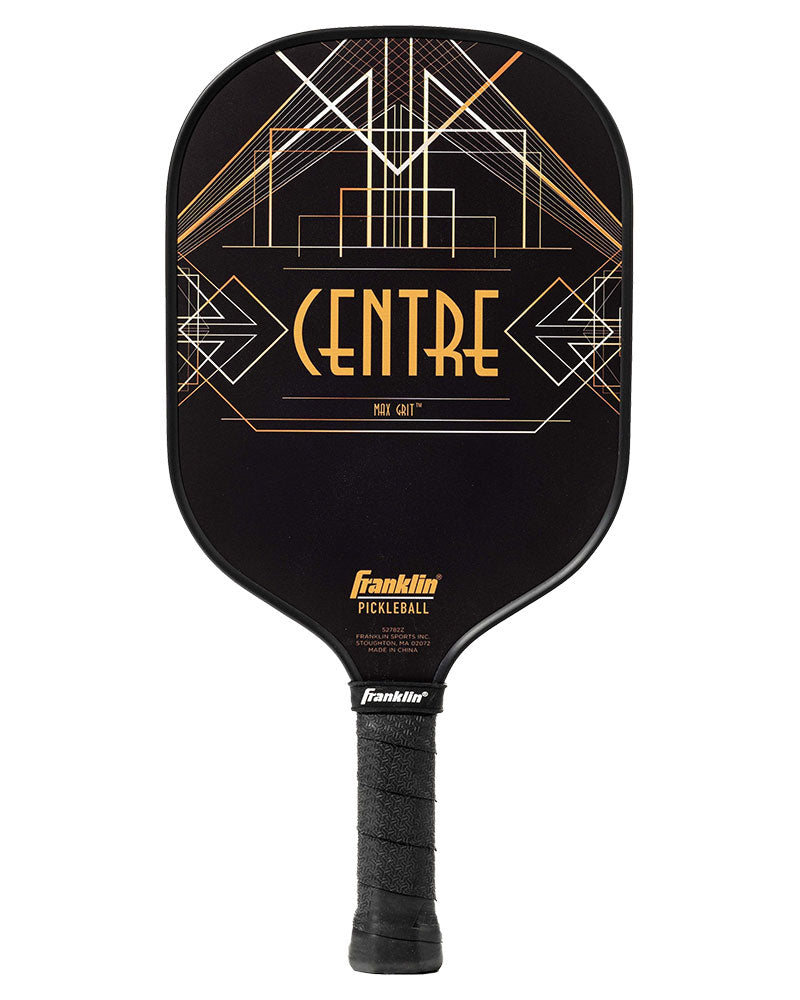 Black and gold Franklin Aspen Kern Centre Carbon Fiber Pickleball Paddle with "centre" and bridge graphics, labeled "Pickleballist" on the handle and featuring USAPA approved MaxGrit surface material.