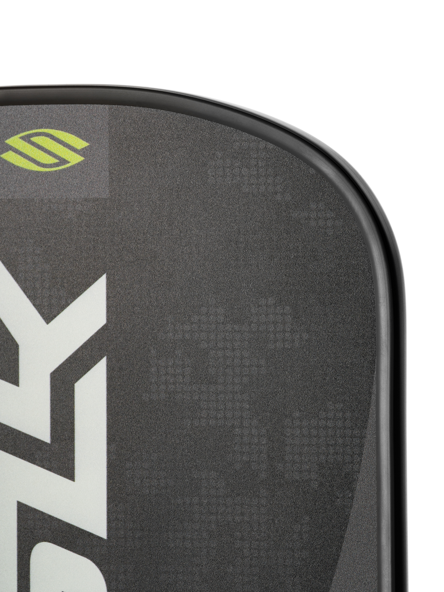 Close-up of the Selkirk SLK Valkyrie Widebody 16mm Pickleball Paddle, showing its black textured surface, partial white Selkirk logo, and a small green emblem at the top.