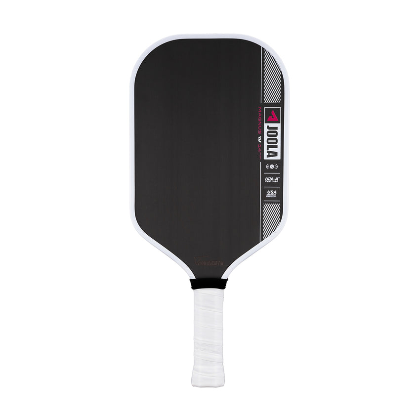 JOOLA's Tyson McGuffin Magnus Pro 4 IV 14mm Pickleball Paddle, black with a white edge and handle, features the Joola logo and text on the surface.