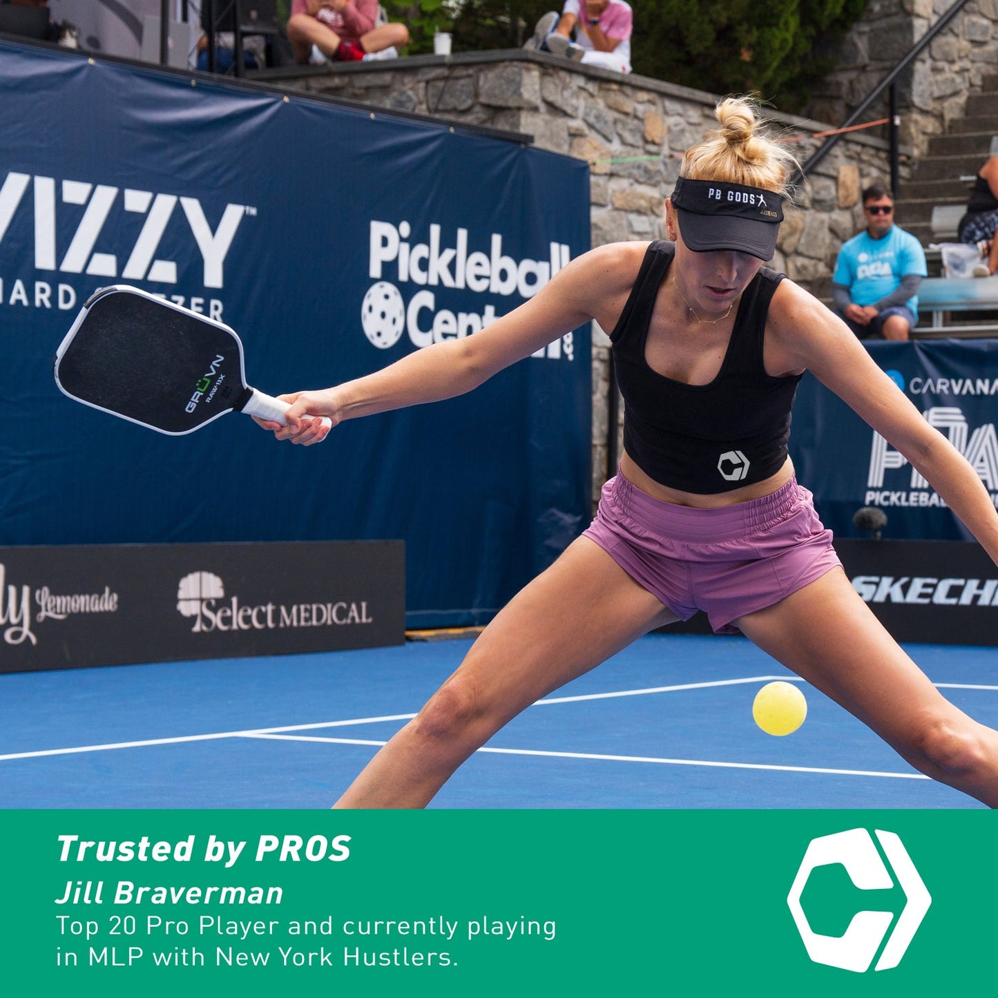 A woman on a pickleball court, mid-swing with a paddle, wearing a hat and athletic outfit. Text overlay with the Hesacore logo and "Hesacore XS (Pink) Pickleball Grip" description at the bottom left corner.