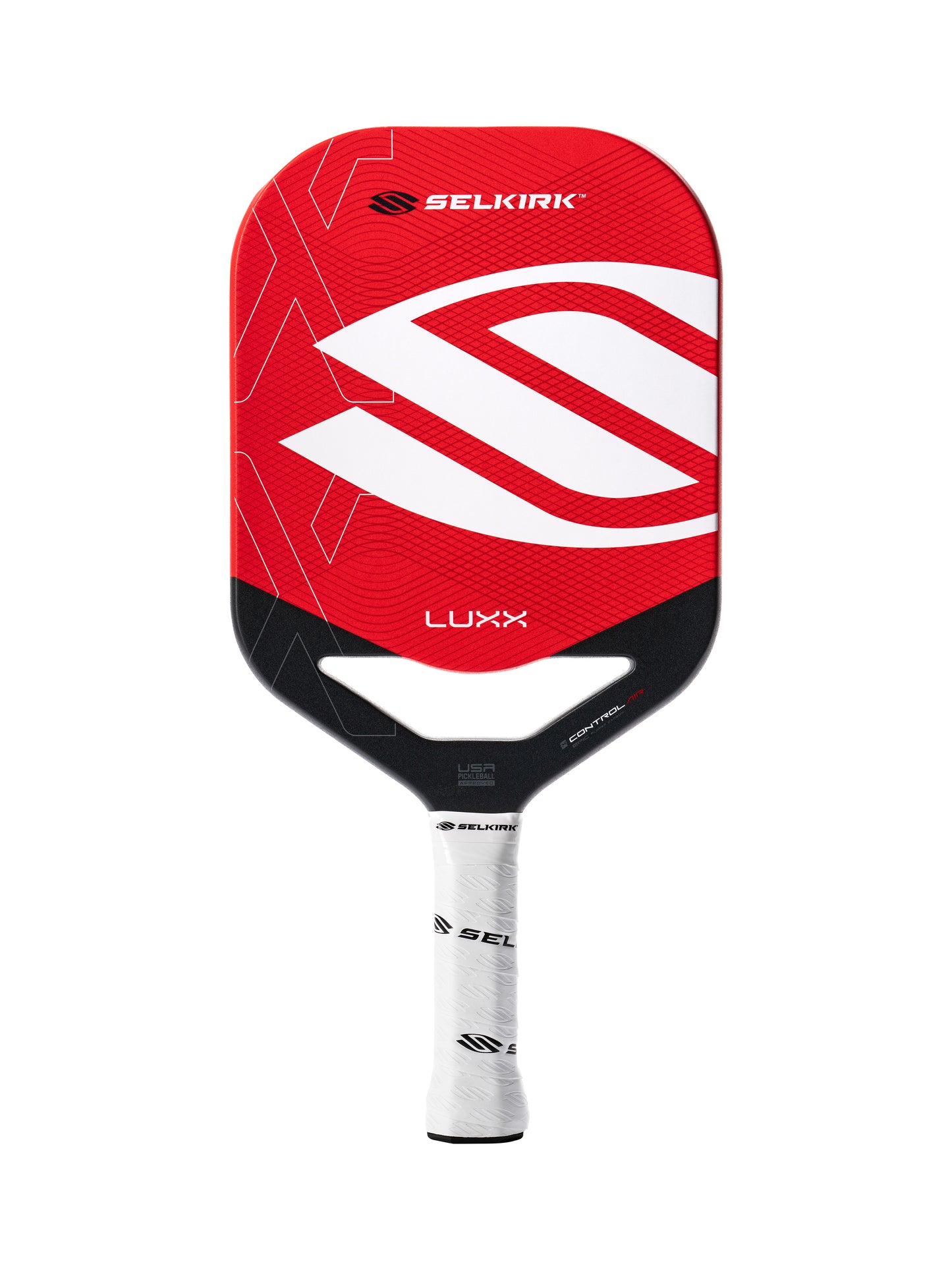 The Selkirk LUXX Control Air Epic Pickleball Paddle by Selkirk features a red face with a white handle and bold geometric design, shown upright against a white background. Includes InfiniGrit surface for improved control.