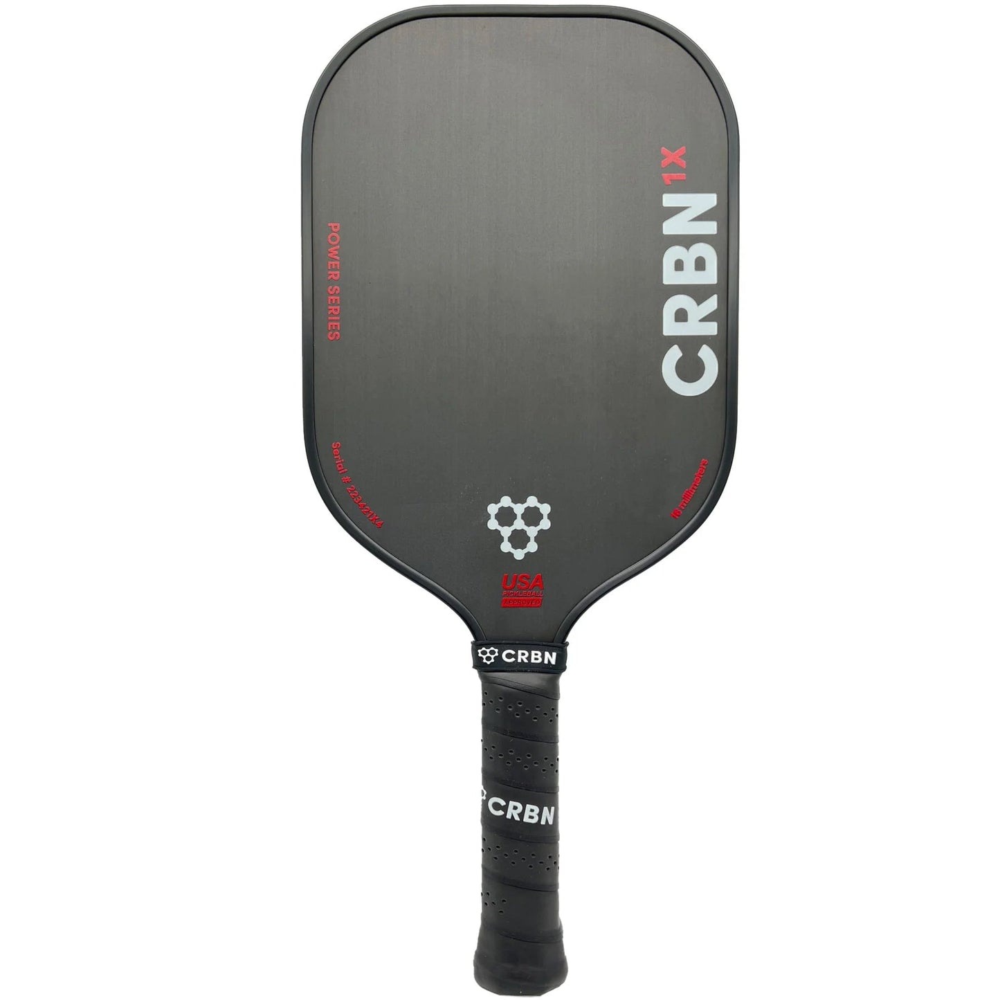 A black pickleball paddle with the brand name "CRBN" printed on the face. The handle is wrapped with a black grip and it is called the "CRBN 1X Power Series - 14mm Elongated Pickleball Paddle".