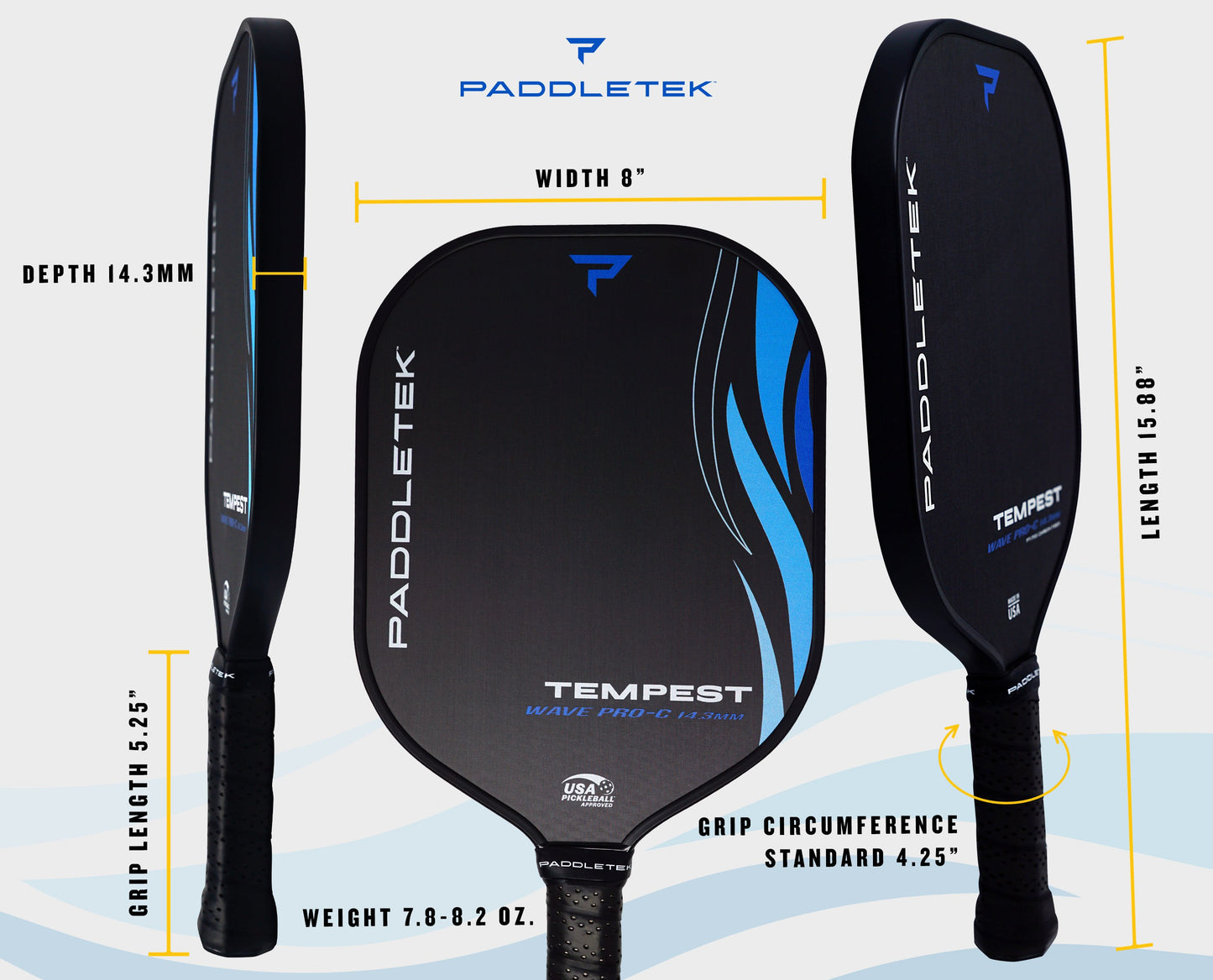 Image showing three views of the Paddletek Tempest Wave Pro-C 14.3mm Carbon Fiber Pickleball Paddle with specifications. Length: 15.88", Width: 8", Depth: 14.3mm, Grip Length: 5.25", Grip Circumference: Standard 4.25", Weight: 7.8-8.2 oz., Brand Name: Paddletek