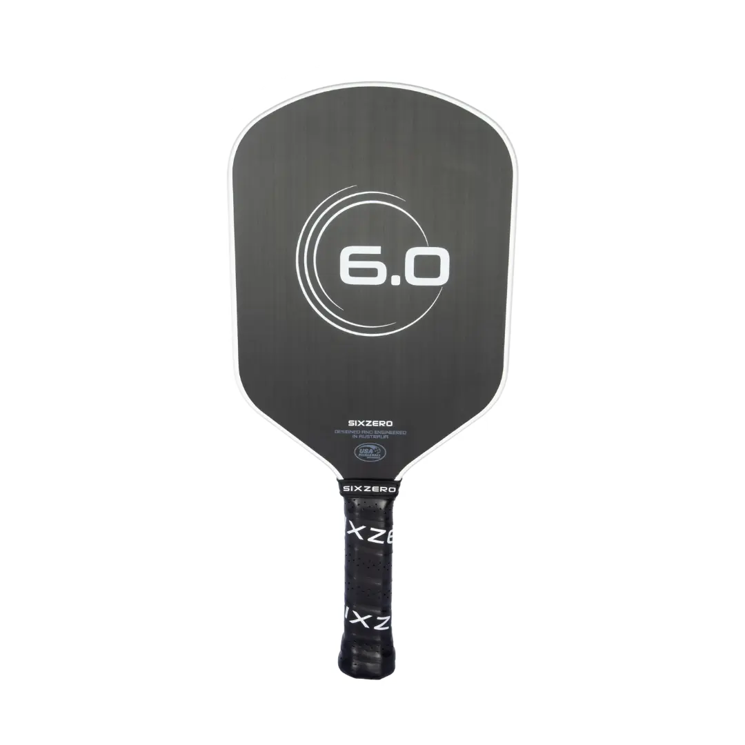 A gray and white Pickleballist Six Zero Infinity Edgeless Double Black Diamond Control (16mm) pickleball paddle with a logo reading "6.0" centered on it, featuring a textured surface and a black grip with white lettering.