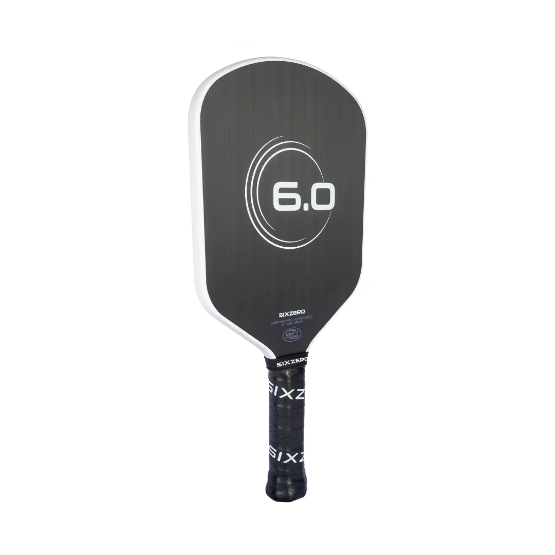 A black and white Pickleballist Six Zero Infinity Edgeless Double Black Diamond Control (16mm) pickleball paddle with "6.0" labeled on the face and "sixzo" on the grip, isolated on a light background.