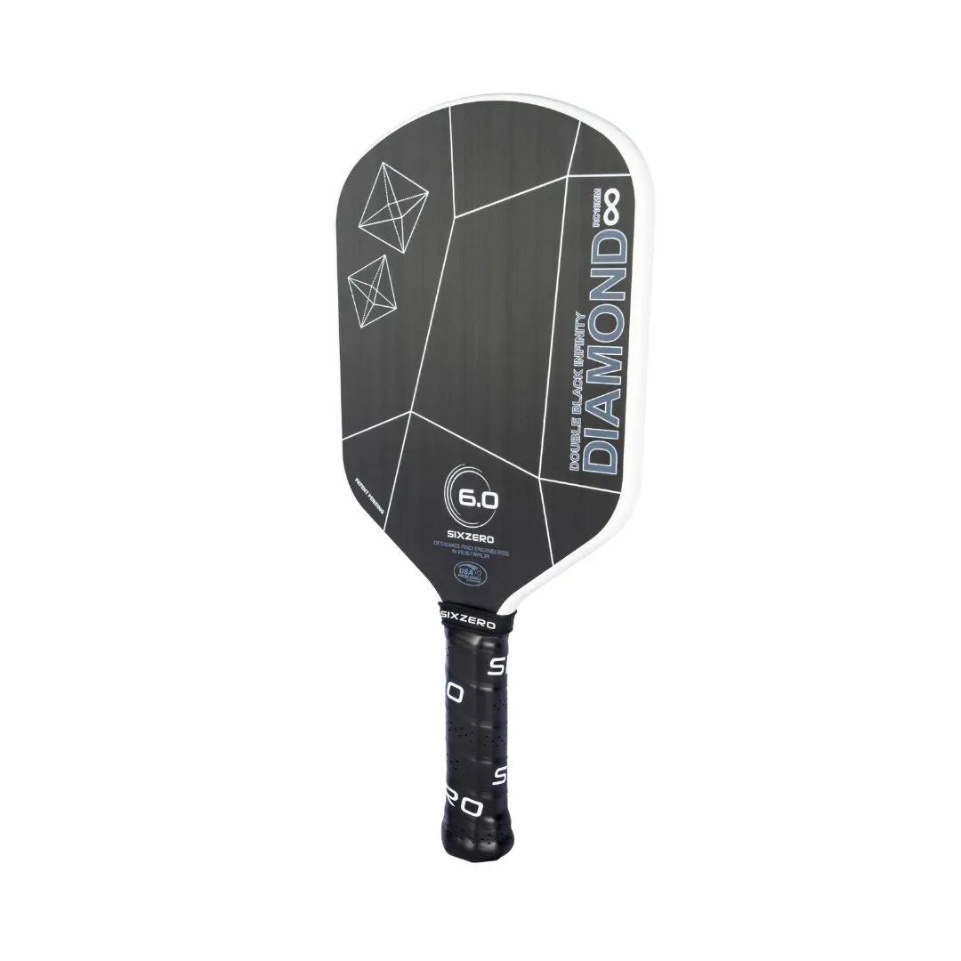A black and gray Pickleballist Six Zero Infinity Edgeless Double Black Diamond Control (16mm) pickleball paddle isolated on a white background.